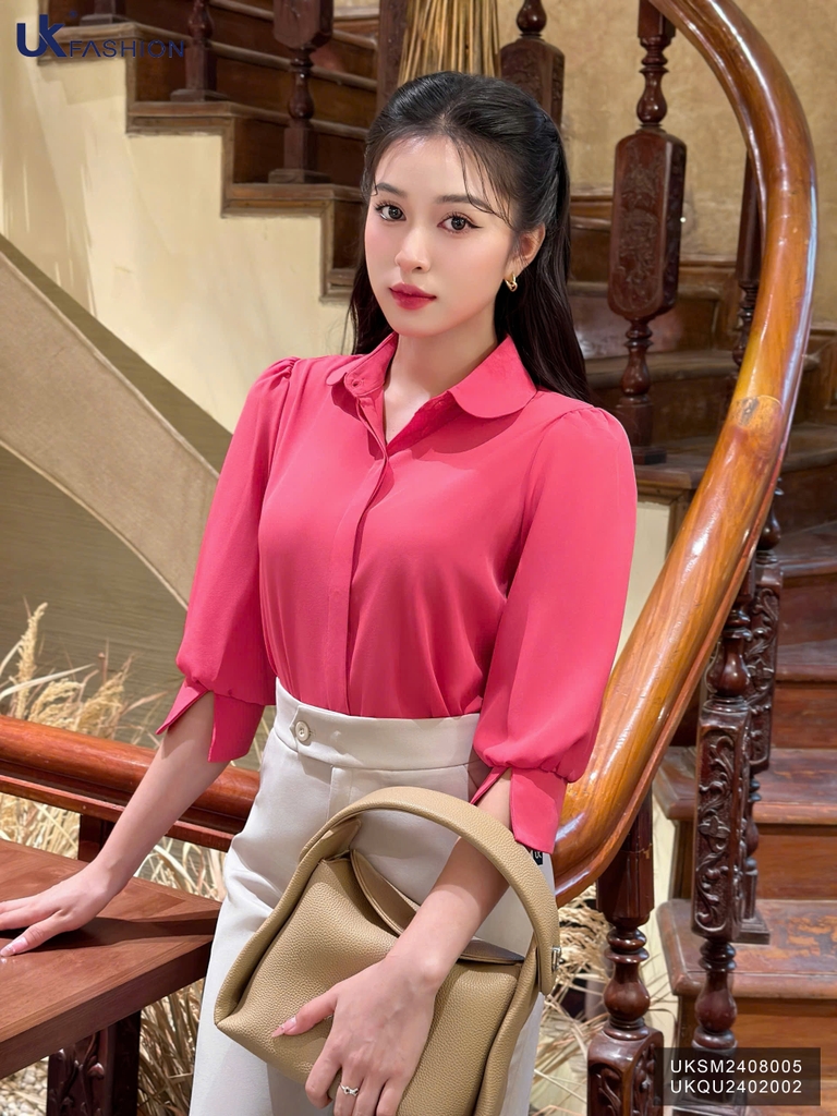 Áo Sơ Mi Cổ Sen Tay Lỡ Lơ Vê Xẻ UK Fashion Công Sở Nữ Thanh Lịch, Nữ Tính Vải Mềm Mịn UKSM2408005