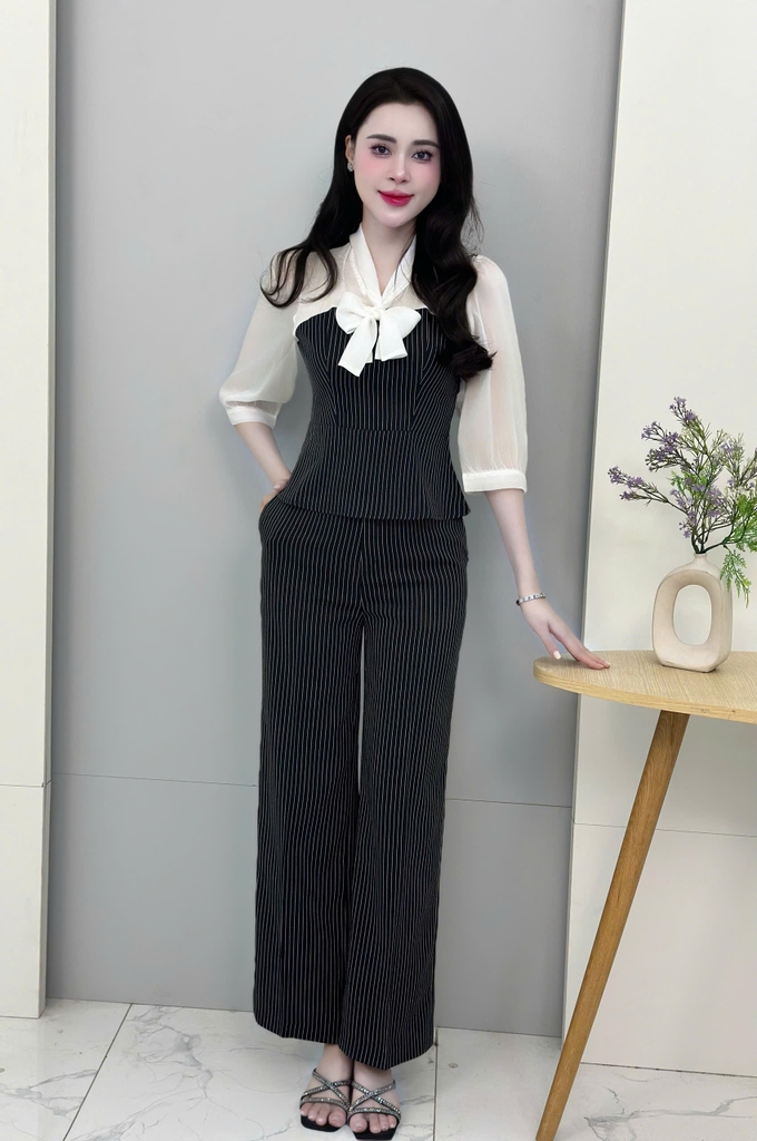Sơ mi kẻ phối tơ nơ vạt xinh xắn, phong cách UKSM2409019
