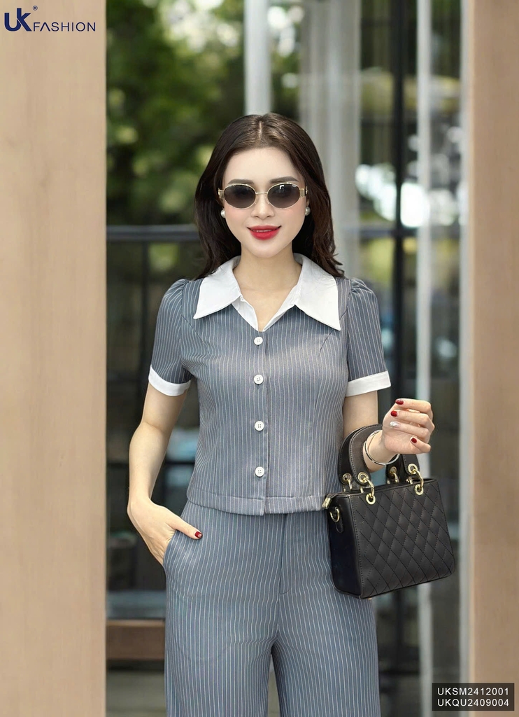 Sơ Mi Kẻ Cúc Nẹp Phối Cổ Đức Thời Trang Công Sở UK Fashion Thanh Lịch, Trẻ Trung UKSM2412001