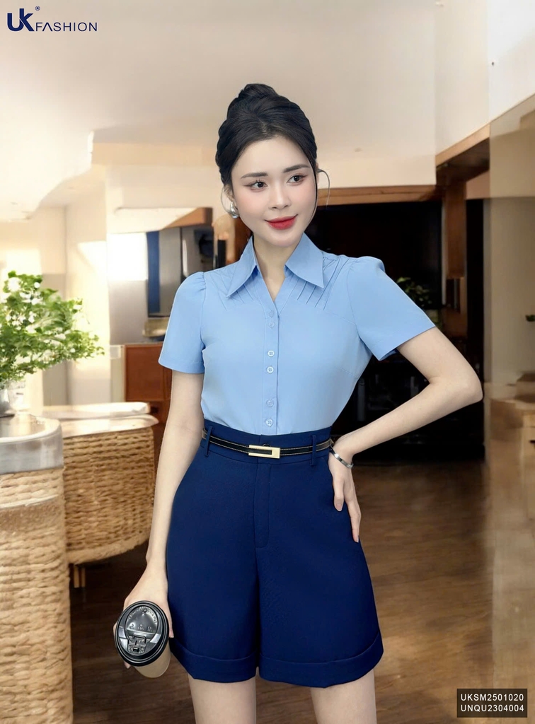 Áo Sơ Mi Cổ Đức V Bấu Dọc Vai UK Fashion Thanh Lịch, Nữ Tính Vải Mềm Mịn UKSM2501020