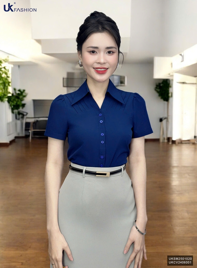 Áo Sơ Mi Cổ Đức V Bấu Dọc Vai UK Fashion Thanh Lịch, Nữ Tính Vải Mềm Mịn UKSM2501020