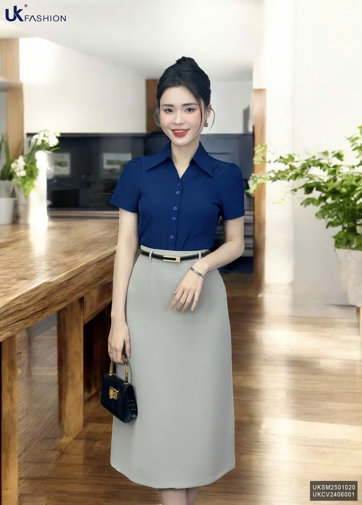 Áo Sơ Mi Cổ Đức V Bấu Dọc Vai UK Fashion Thanh Lịch, Nữ Tính Vải Mềm Mịn UKSM2501020