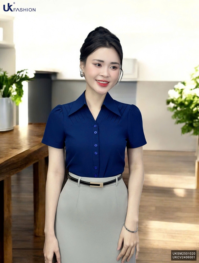 Áo Sơ Mi Cổ Đức V Bấu Dọc Vai UK Fashion Thanh Lịch, Nữ Tính Vải Mềm Mịn UKSM2501020