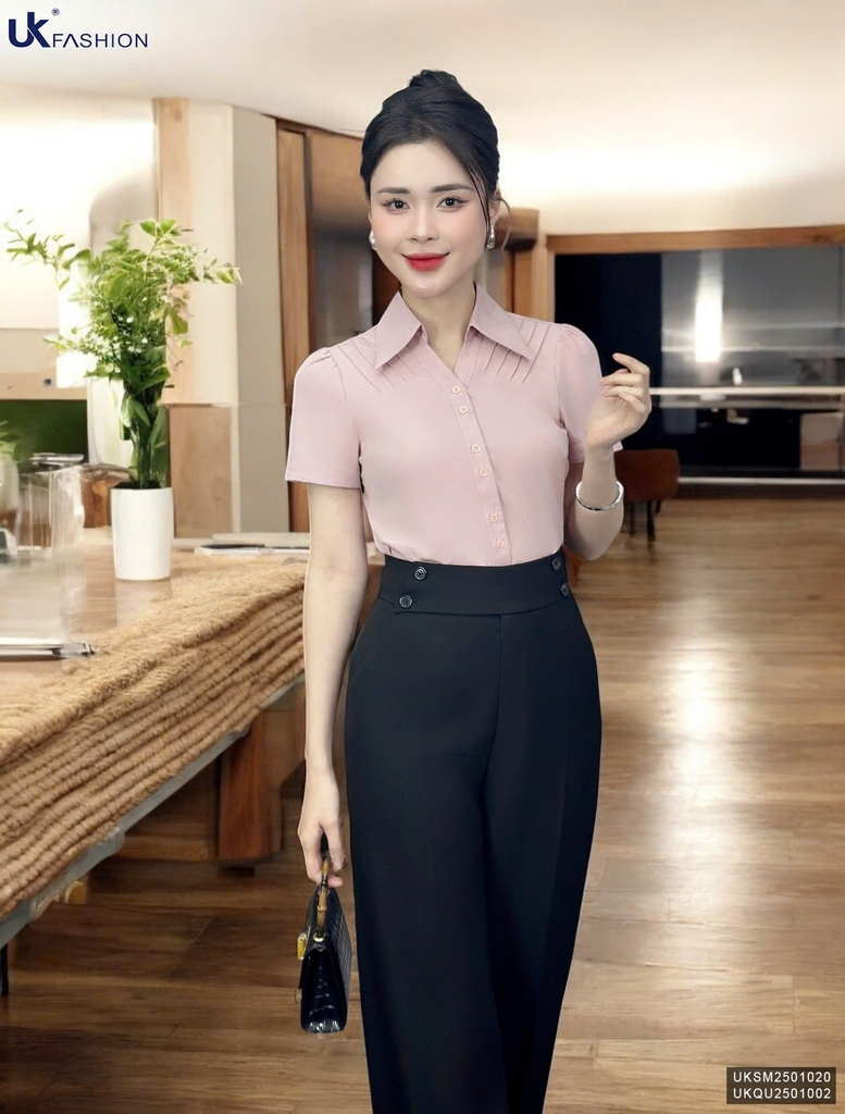 Áo Sơ Mi Cổ Đức V Bấu Dọc Vai UK Fashion Thanh Lịch, Nữ Tính Vải Mềm Mịn UKSM2501020