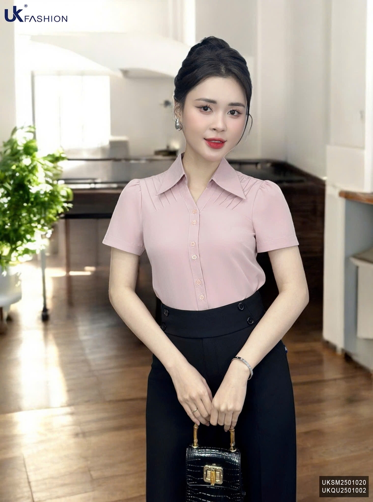 Áo Sơ Mi Cổ Đức V Bấu Dọc Vai UK Fashion Thanh Lịch, Nữ Tính Vải Mềm Mịn UKSM2501020