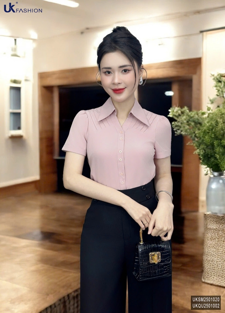 Áo Sơ Mi Cổ Đức V Bấu Dọc Vai UK Fashion Thanh Lịch, Nữ Tính Vải Mềm Mịn UKSM2501020