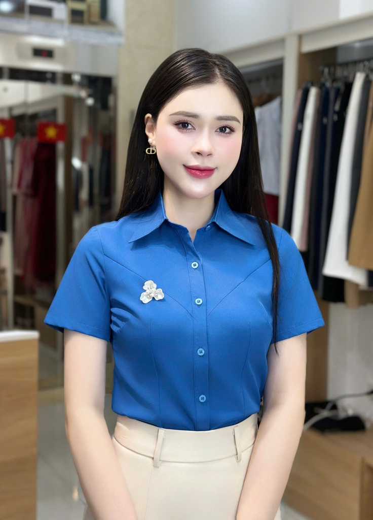 Sơ mi cổ đức can chéo ngực cơ bản, mềm mát UKSM2502005