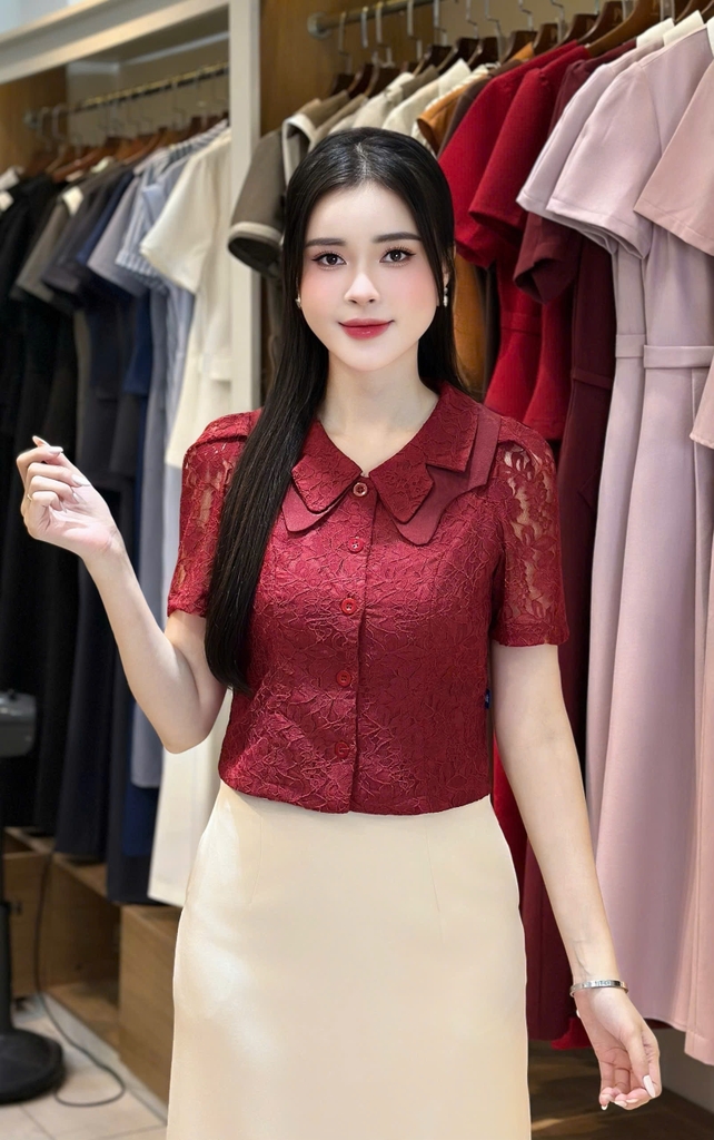 Sơ mi cổ ren kép điệu đà UKSM2508014