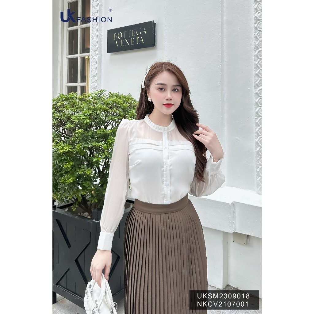Áo Sơ Mi Tơ Xếp Ngực Kép NK Fashion Cao Cấp, Tơ Lụa Mềm Mại UKSM2309018