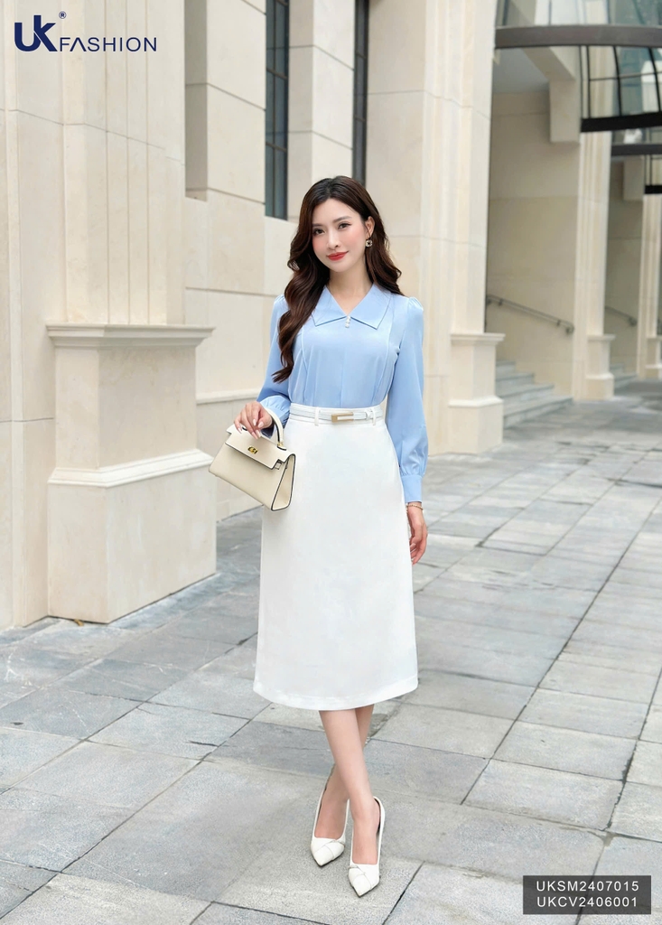 Sơ mi cổ sen nhọn dài tay cúc ngọc xinh xắn, dễ mặc UKSM2407015