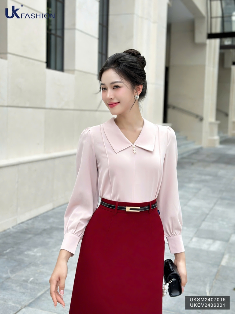 Sơ mi cổ sen nhọn dài tay cúc ngọc xinh xắn, dễ mặc UKSM2407015