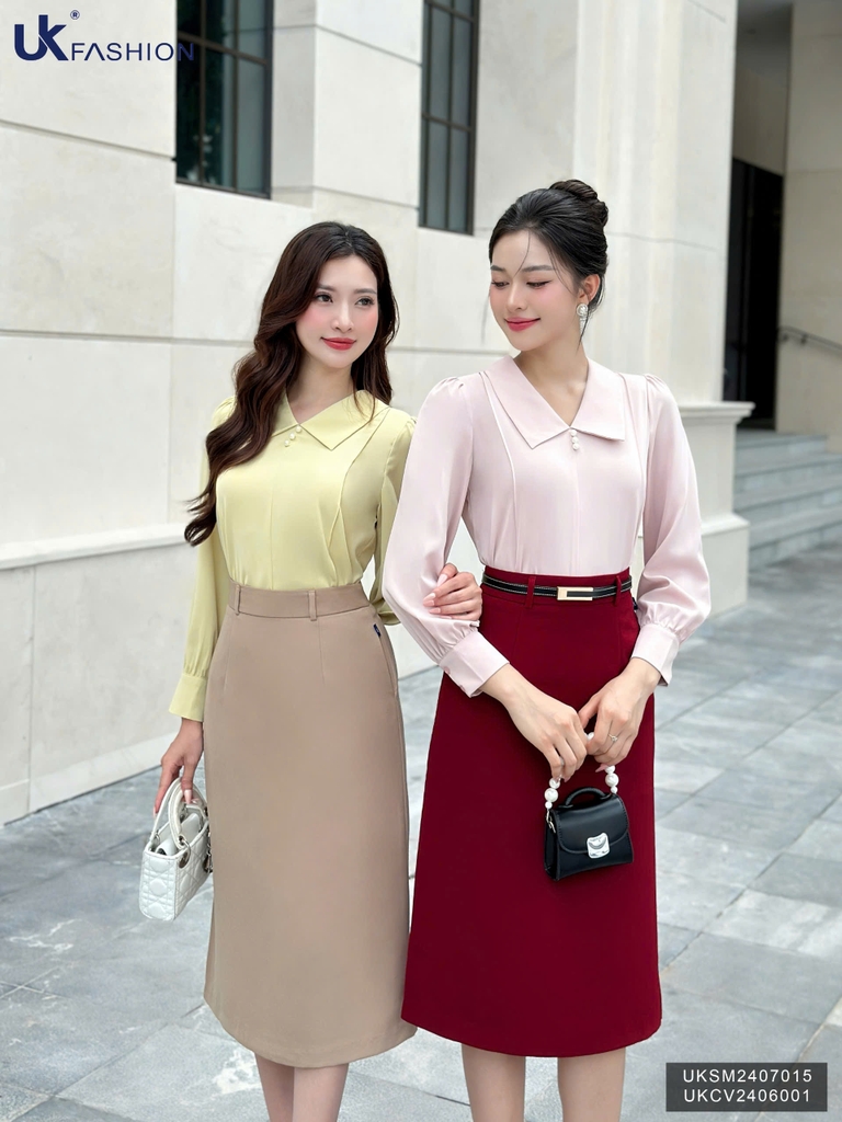 Sơ mi cổ sen nhọn dài tay cúc ngọc xinh xắn, dễ mặc UKSM2407015