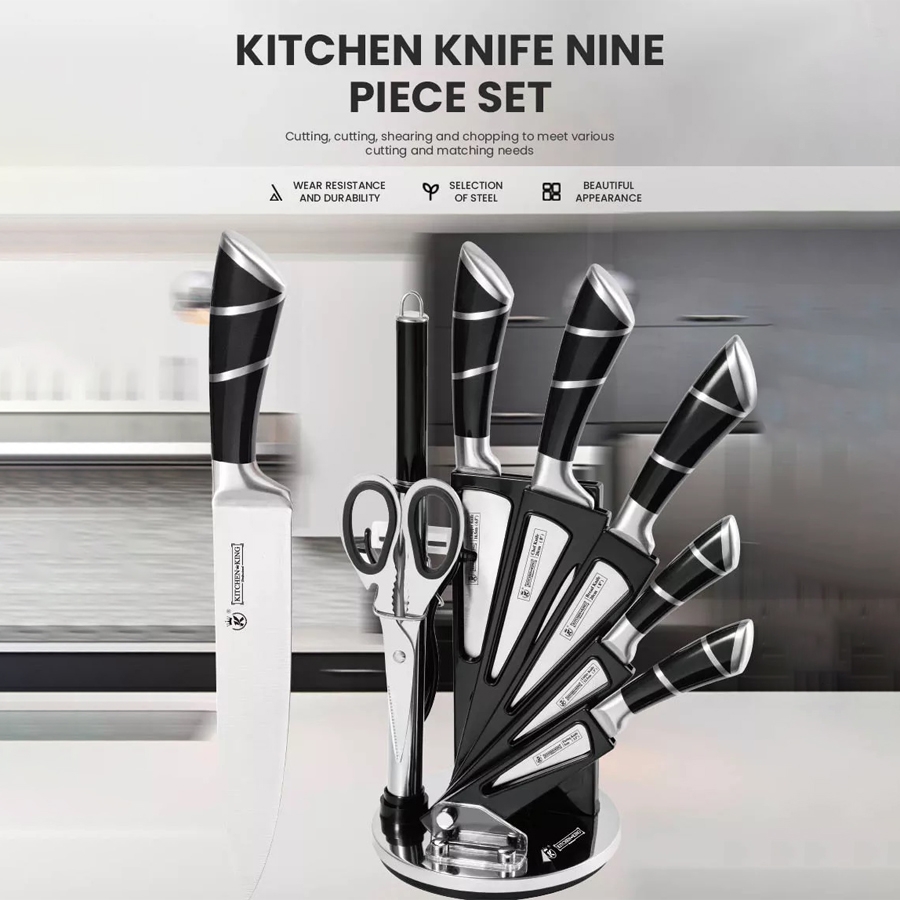 Premium Kitchen King 9-piece knife set with 360-degree rotatable