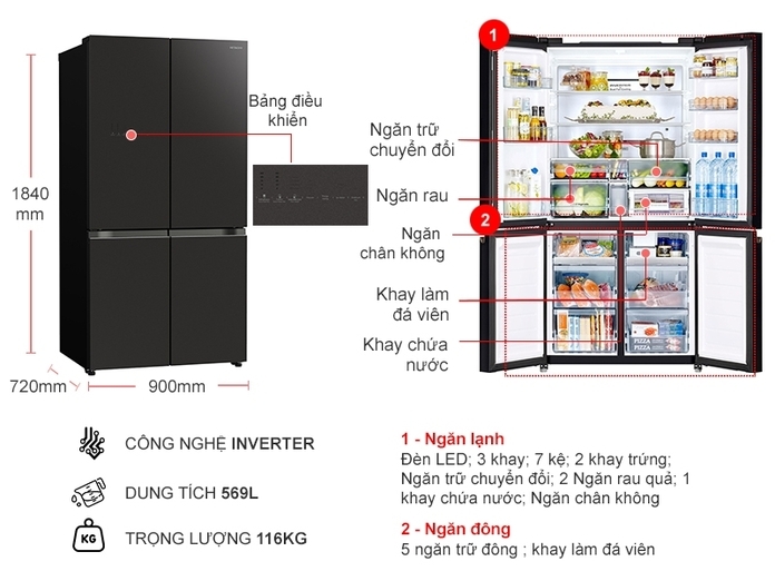 Tủ lạnh Hitachi Inverter 569 Lít 4 cửa WB640VGV0(GMG)