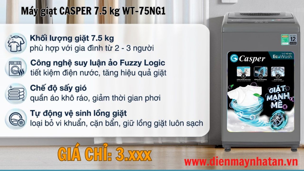 [Chân đế máy giặt] - Máy giặt Casper 7.5 kg WT-75NG1- Mới 2023