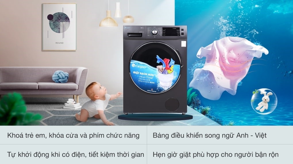 [Chân đế máy giặt] - Máy giặt Casper Inverter 8.5 kg WF-85I140BGB