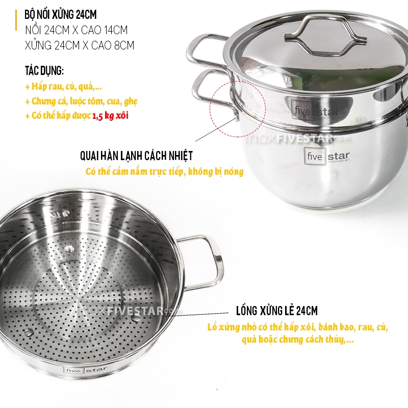 Bộ nồi inox Five Star 5 ( nắp inox)