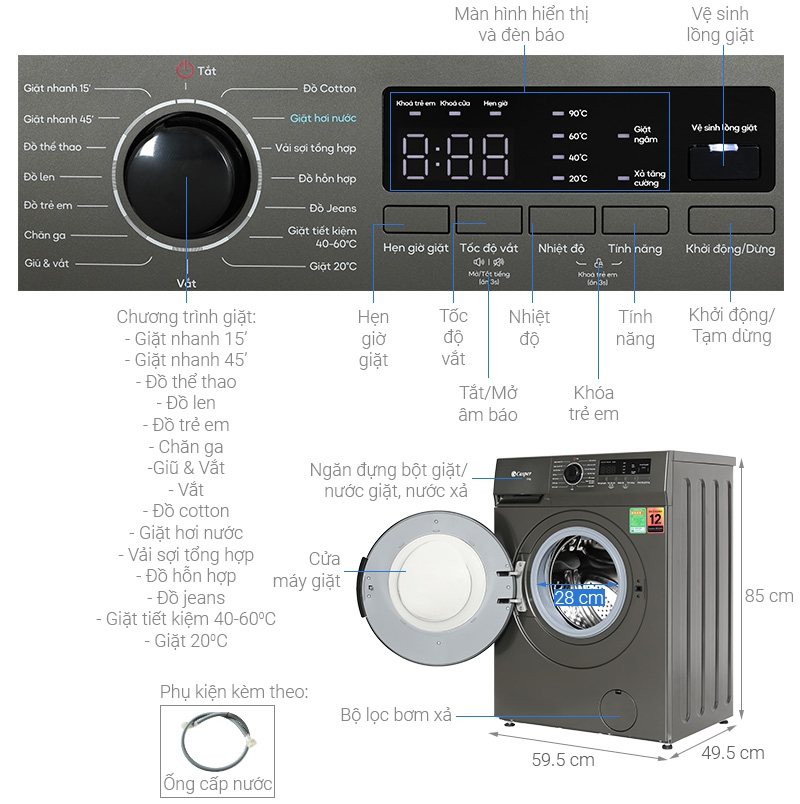[Chân đế máy giặt] - Máy giặt Casper Inverter 8 kg WF-8VG1 - Mới 2023