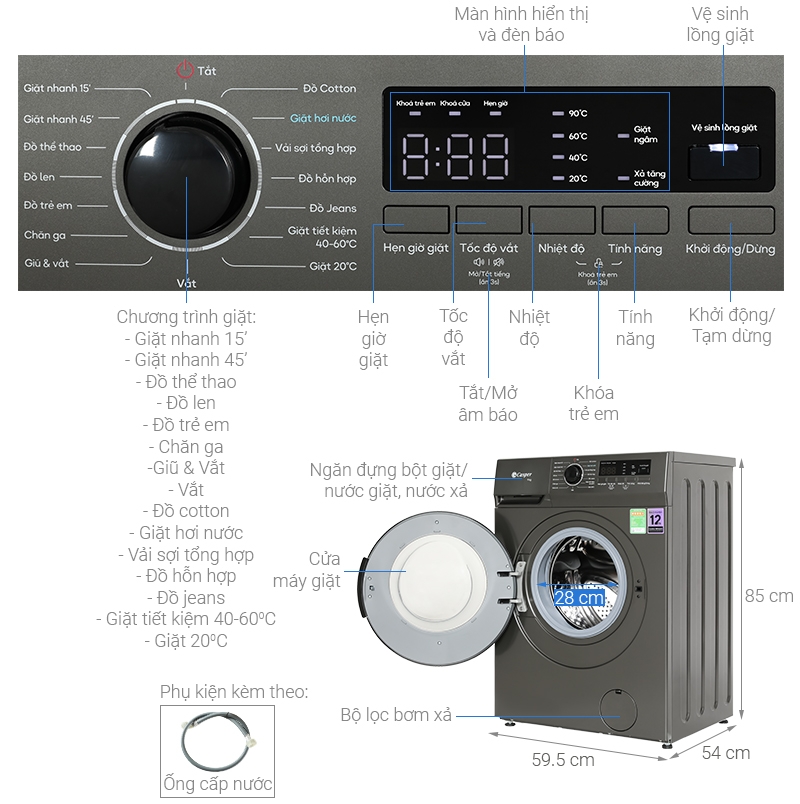Máy giặt Casper Inverter 9 kg WF-9VG1 - Mới 2023