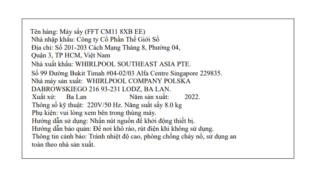 Máy sấy ngưng tụ Whirlpool 8 kg FFTCM118XB EE
