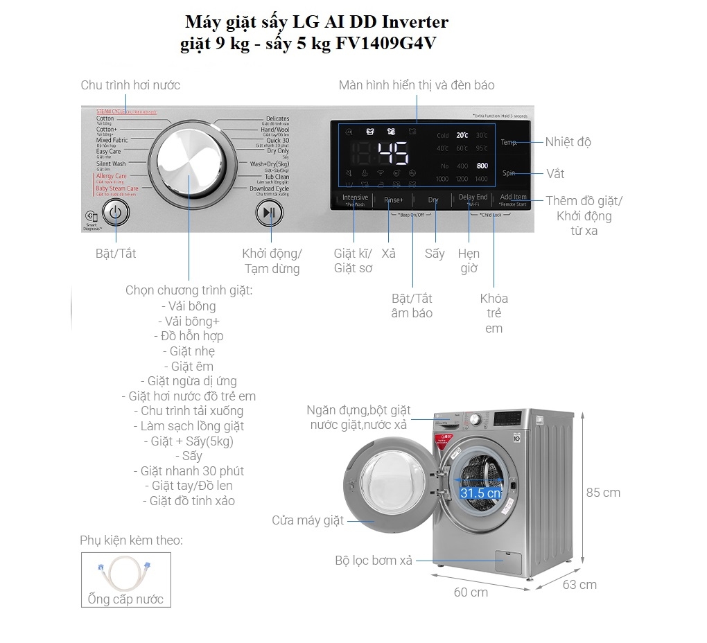 Máy giặt sấy thông minh LG AI DD 9kg+ sấy 5kg FV1409G4V