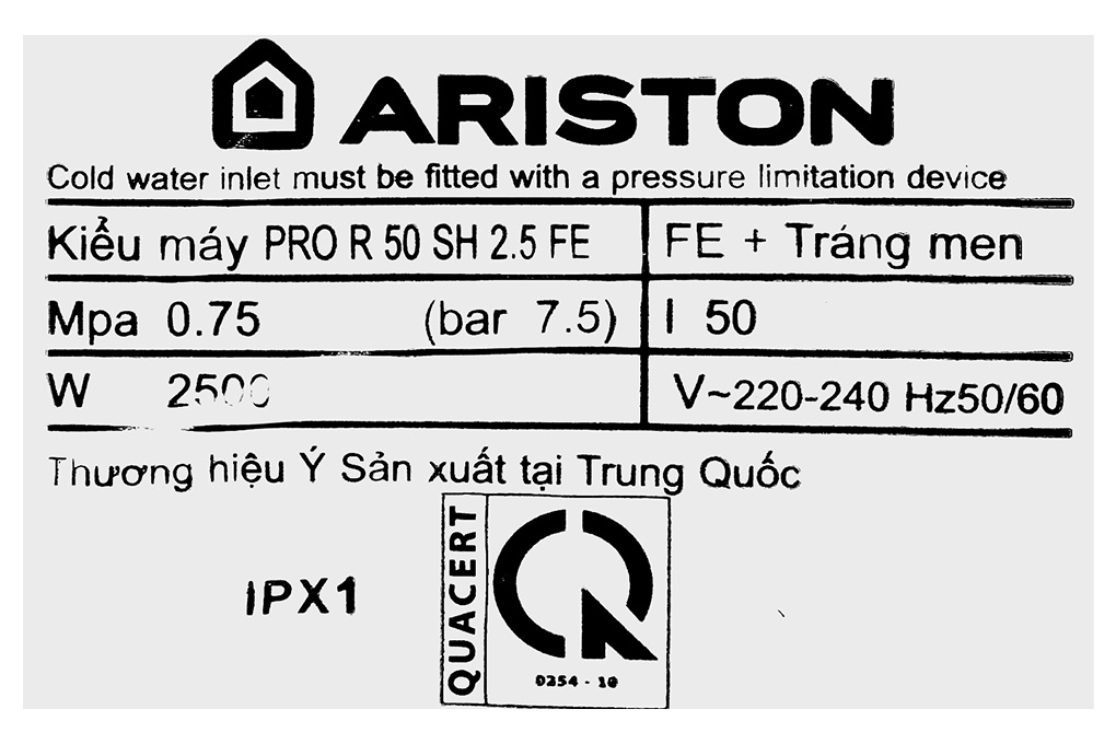 Bình nóng lạnh gián tiếp Ariston 50 lít PRO R 50 SH 2.5 FE