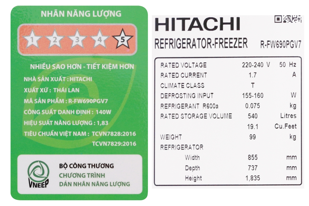 Tủ lạnh Hitachi Inverter 540 lít R-FW690PGV7 GBK