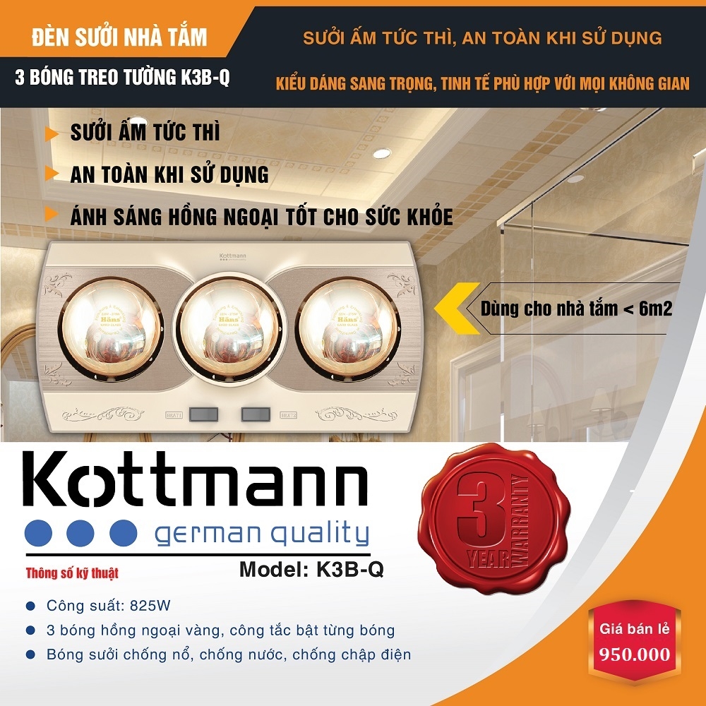 Đèn sưởi Kottmann 3 bóng K3B-Q – Hàng chính hãng