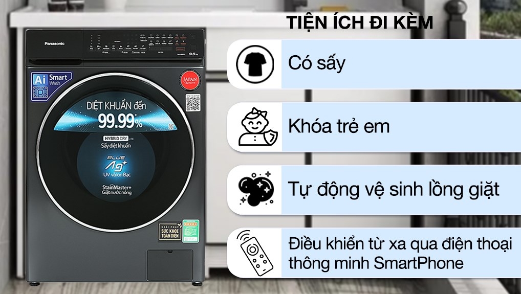 Máy giặt Panasonic Inverter giặt 9.5 kg - sấy tiện ích 2 kg NA-V95FR1BVT