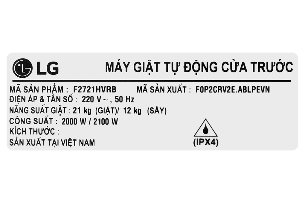 Máy giặt sấy LG Inverter 21 kg F2721HVRB