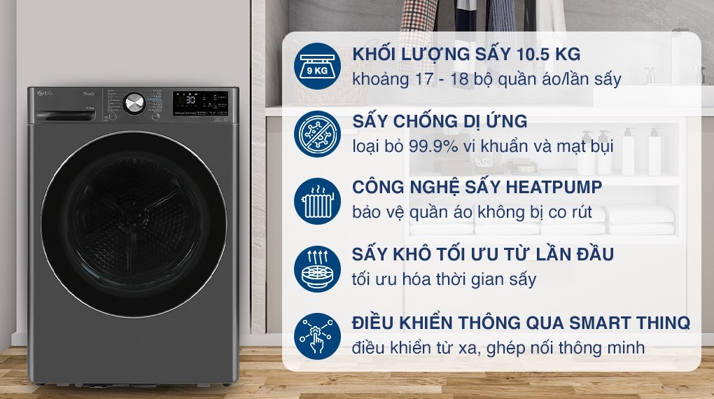 Máy sấy bơm nhiệt LG Inverter 10.5 kg DVHP50B