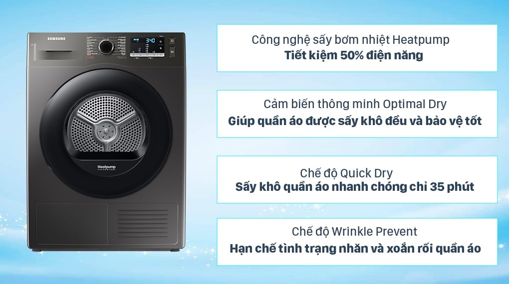 Máy sấy bơm nhiệt Samsung 9kg DV90TA240AX/SV