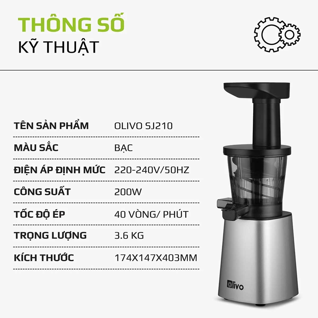 Máy Ép Chậm OLIVO SJ210- Ép Kiệt Bã 97% - Tặng kèm 3 bình nước cao cấp