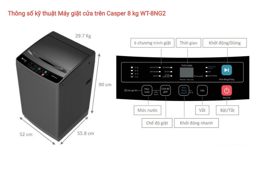 [Chân đế máy giặt]- Máy Giặt Casper 8 Kg WT-8NG2 - Mới 2023