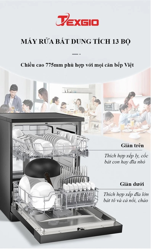 Máy rửa chén bát Texgio 13 bộ sấy khí nóng TG21H775B