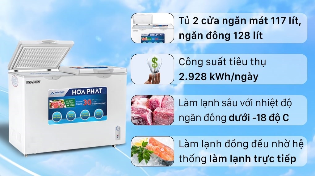 Tủ đông Hòa Phát inverter 245 lít 2 ngăn HCFI606S2Đ2 dàn đồng