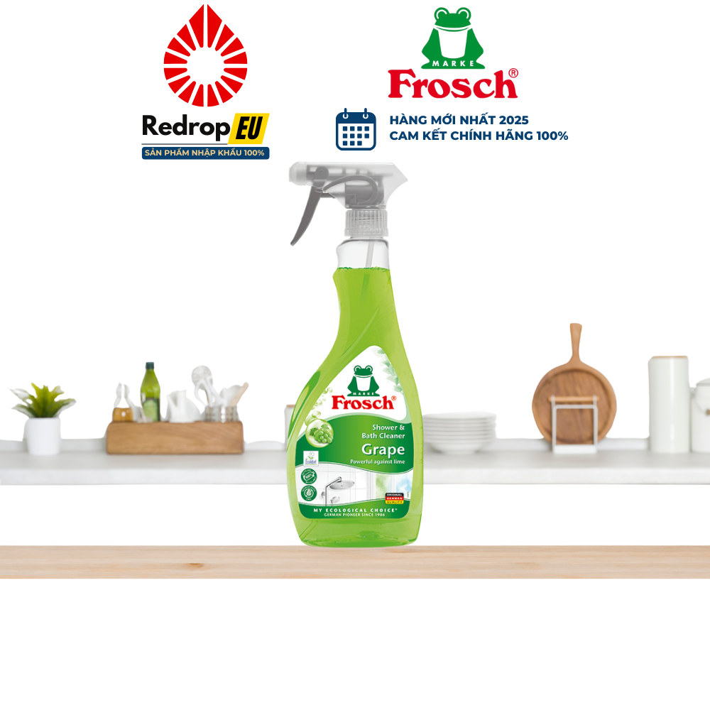 Chai Xịt Vệ Sinh Phòng Tắm, Loại Bỏ Bụi Frosch 500ml (Hương Mâm Xôi/ Chanh/ Nho)
