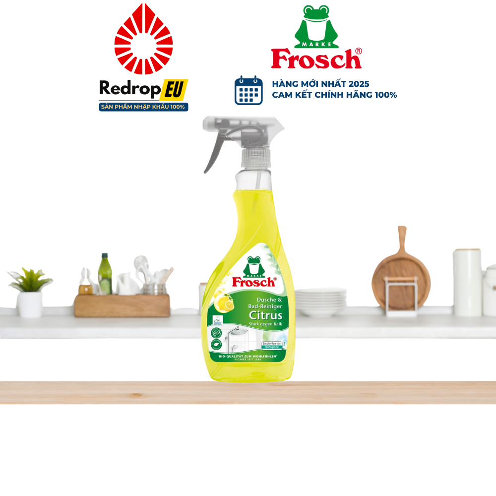 Chai Xịt Vệ Sinh Phòng Tắm, Loại Bỏ Bụi Frosch 500ml (Hương Mâm Xôi/ Chanh/ Nho)