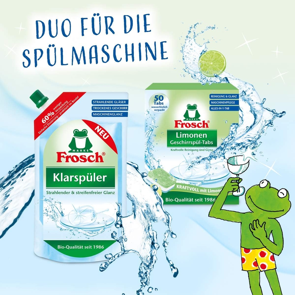 Hộp viên rửa chén hữu cơ Frosch All in 1 hương chanh 50 viên – Sạch bóng an toàn, thân thiện với môi trường