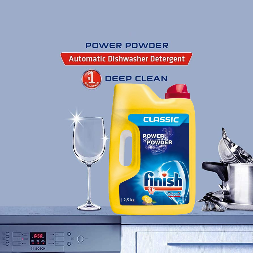 Hộp bột rửa chén Finish Classic 2,5Kg (Hương Chanh) cho máy rửa chén từ 7 đến 15 bộ