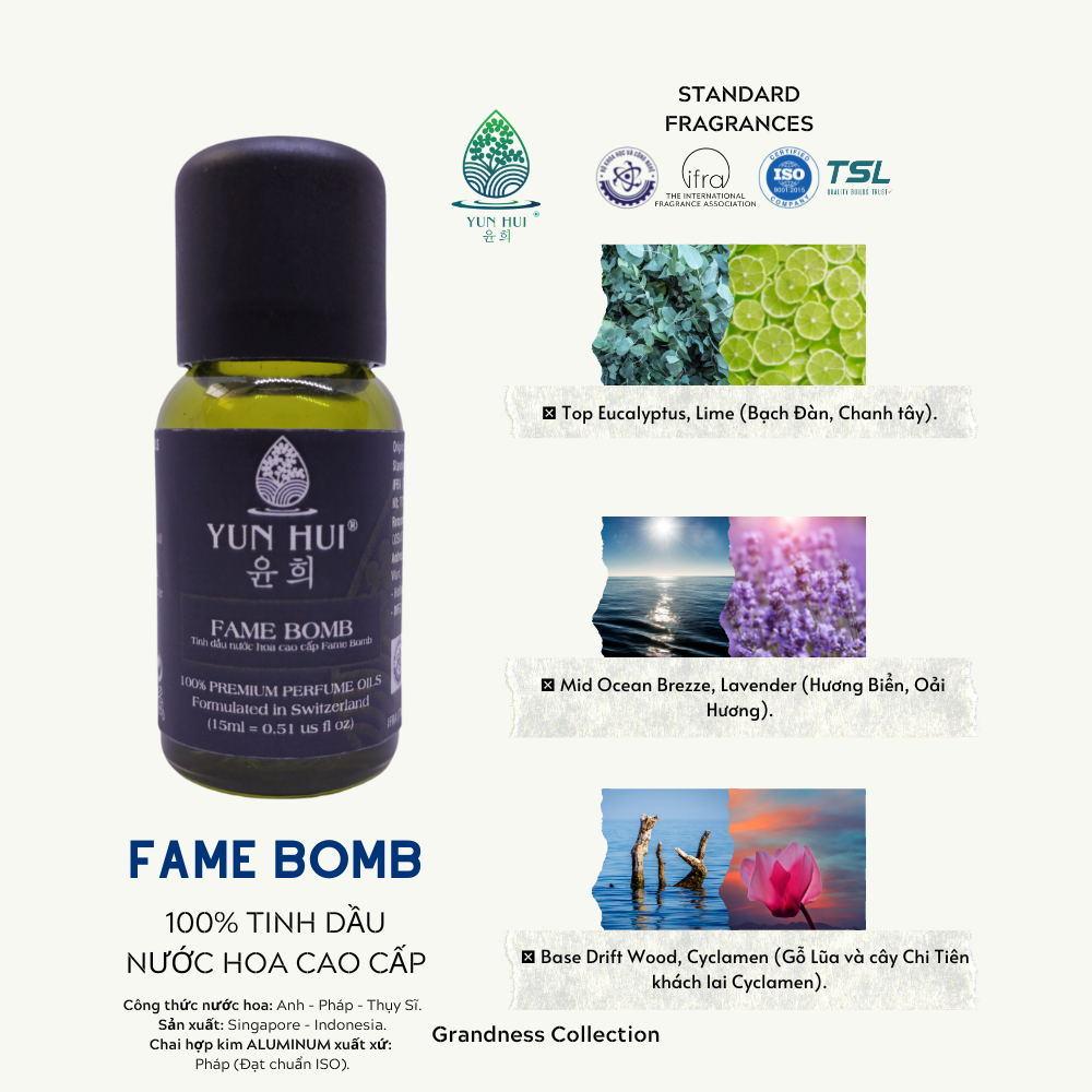 Tinh Dầu Thiên Nhiên Nước Hoa Thơm Phòng Cao Cấp Nhập Khẩu Fame Bomb YUN HUI - Với 3 Nốt Hương Sang Trọng Đặc Sắc - 15ml/50ml/100ml