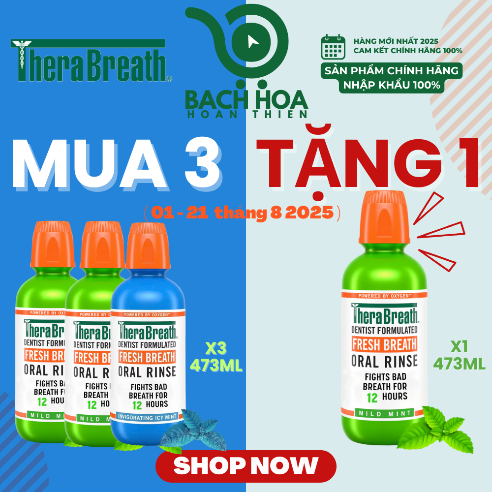 Mua 3 Chai Tặng 1 [Hương Mild Mint – Bạc hà dịu nhẹ] Nước súc miệng TheraBreath cho người lớn – Hết hôi miệng, mát miệng, hơi thở thơm lâu