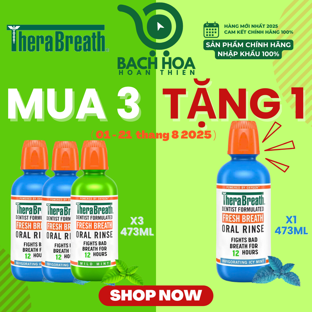 Mua 3 Chai Tặng 1 [Hương Mild Mint – Bạc hà dịu nhẹ] Nước súc miệng TheraBreath cho người lớn – Hết hôi miệng, mát miệng, hơi thở thơm lâu