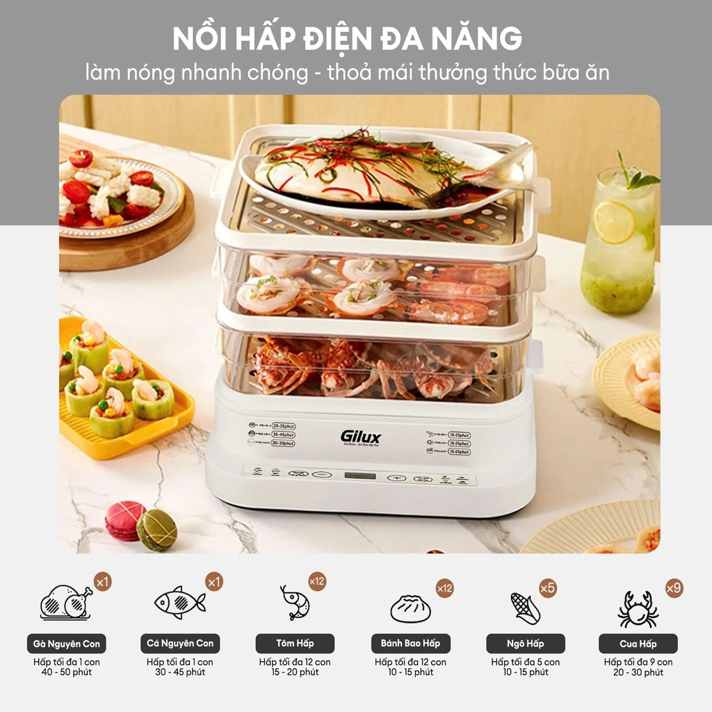 Nồi hấp điện đa năng Gilux GLD 99 – Hấp nhanh, ăn lành, giữ trọn dưỡng chất