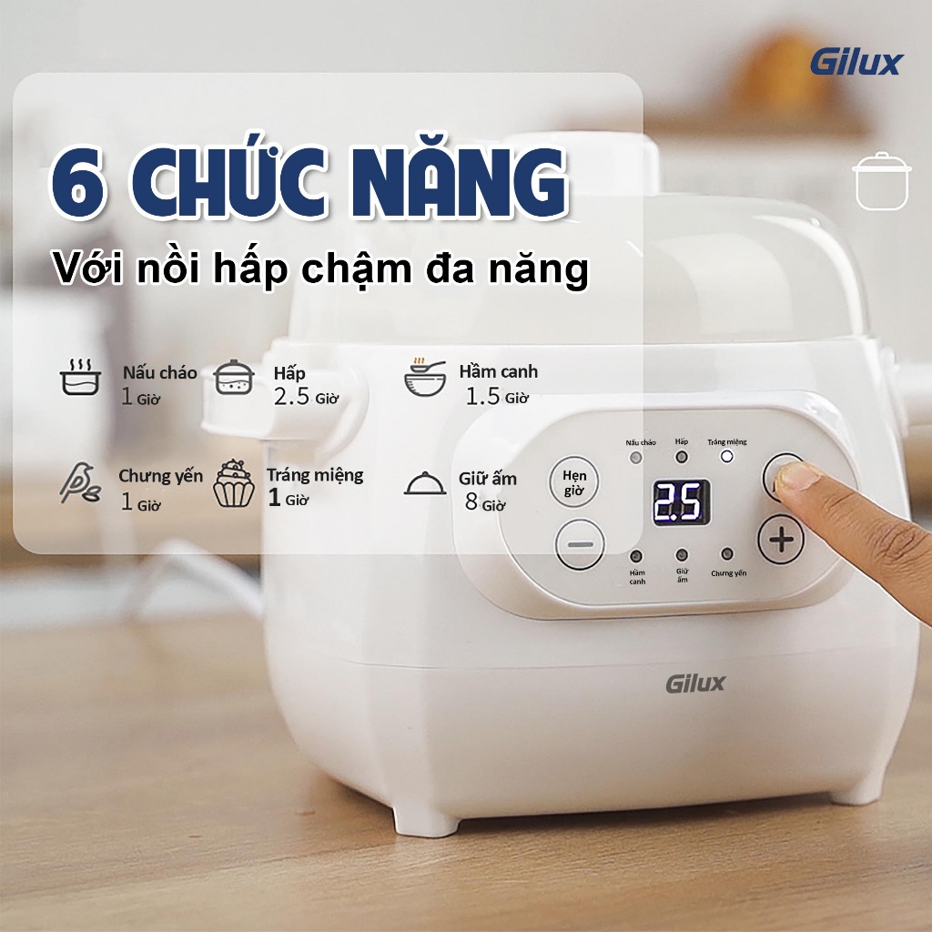 Nồi nấu chậm Gilux 1L - Nồi nấu cháo chậm 6 Chức năng Đa năng An toàn Tiện lợi