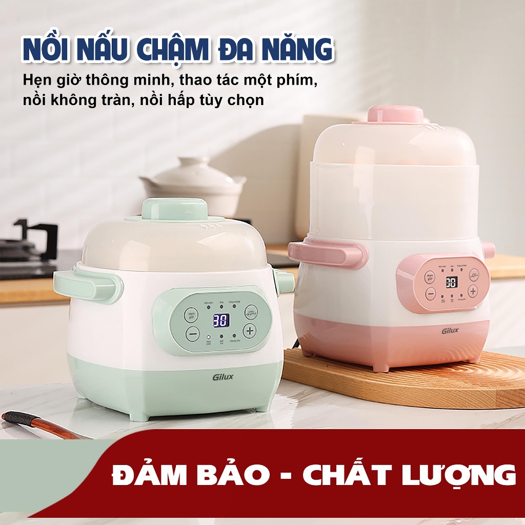 Nồi nấu chậm Gilux 1L - Nồi nấu cháo chậm 6 Chức năng Đa năng An toàn Tiện lợi