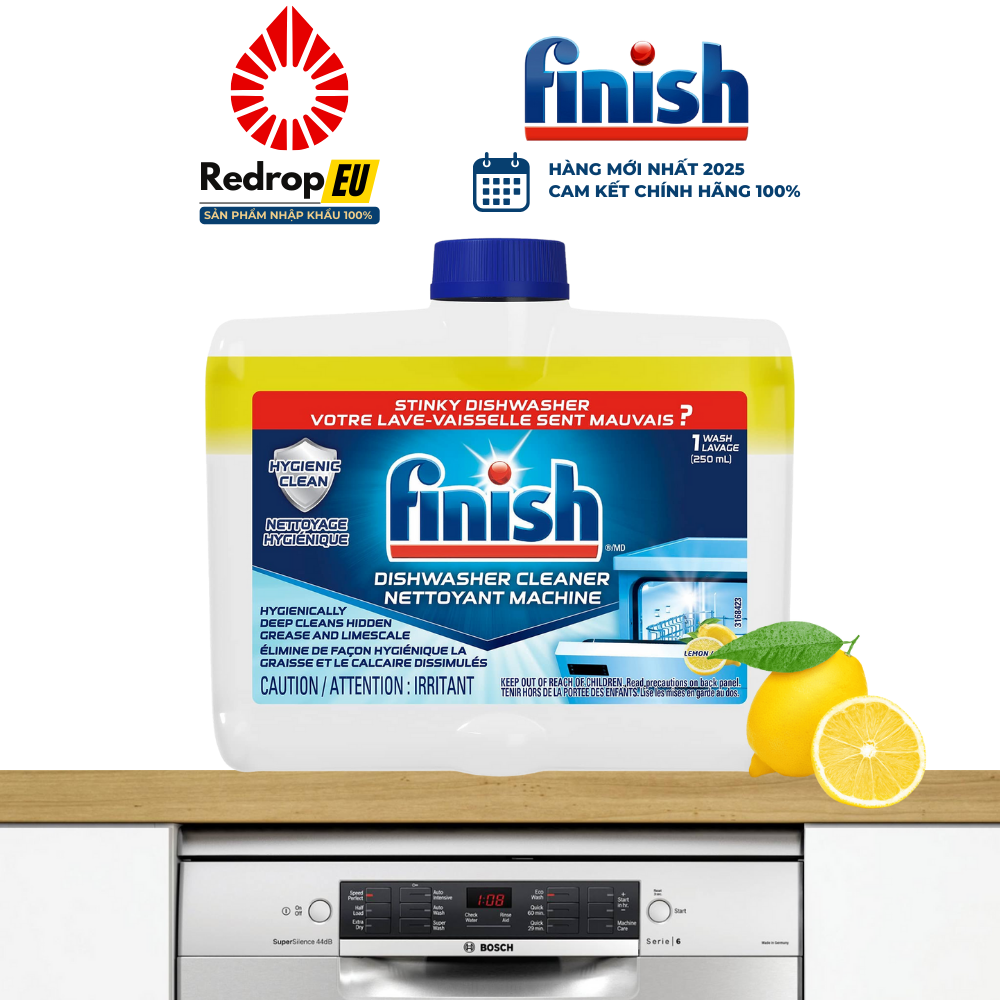 Combo 4 món tiết kiệm Finish: 120 viên Essential, muối 1,2kg, nước làm bóng 800ml, vệ sinh máy 250ml