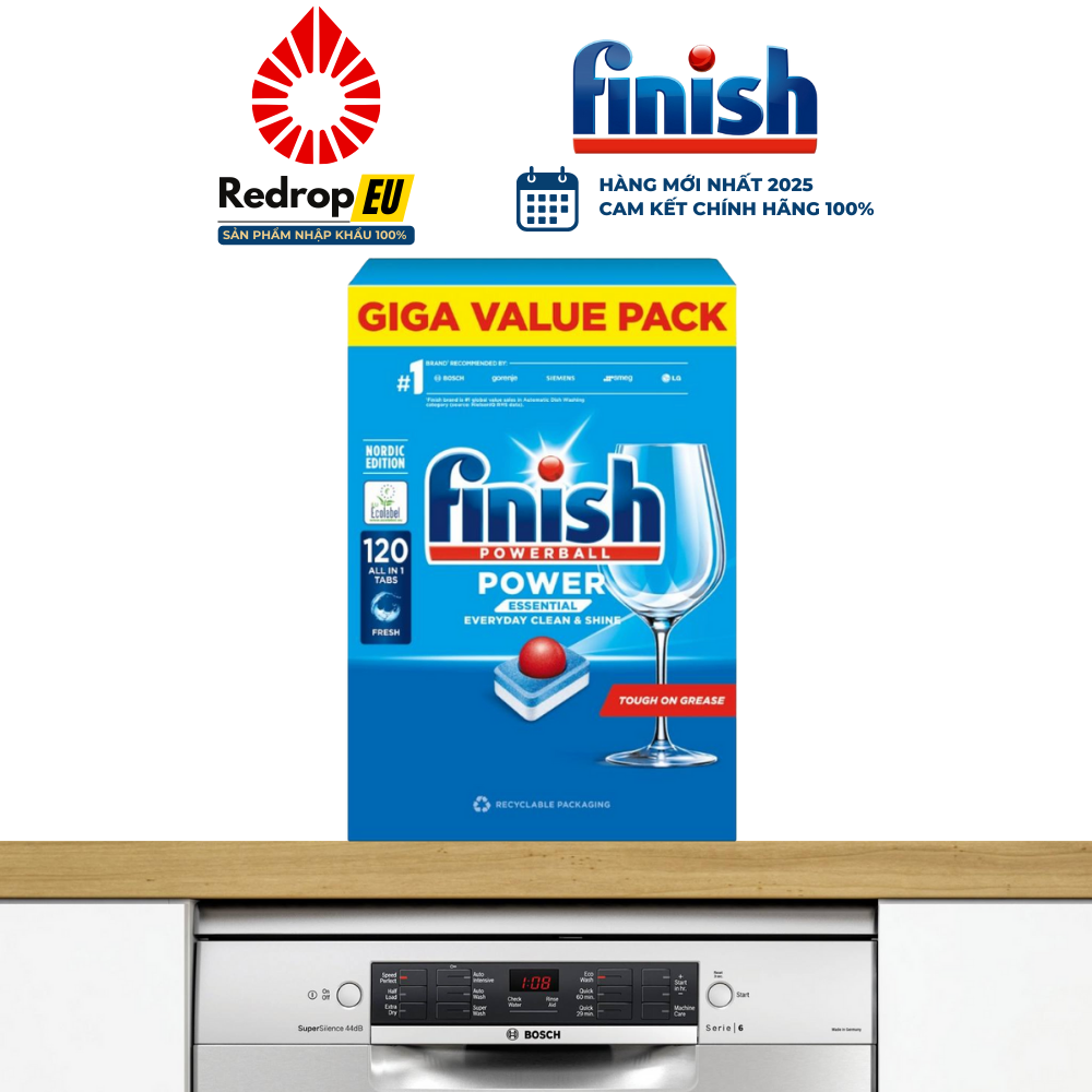Combo 4 món tiết kiệm Finish: 120 viên Essential, muối 1,2kg, nước làm bóng 800ml, vệ sinh máy 250ml
