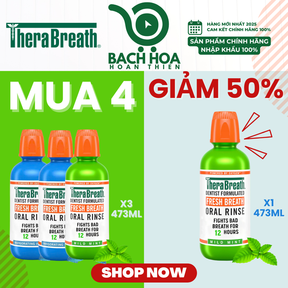 MUA 4 GIẢM 50% chai thứ 4 [Hương Icy Mint – Bạc hà lạnh sâu] Nước súc miệng TheraBreath cho người lớn – Hết hôi miệng, mát miệng, hơi thở thơm lâu