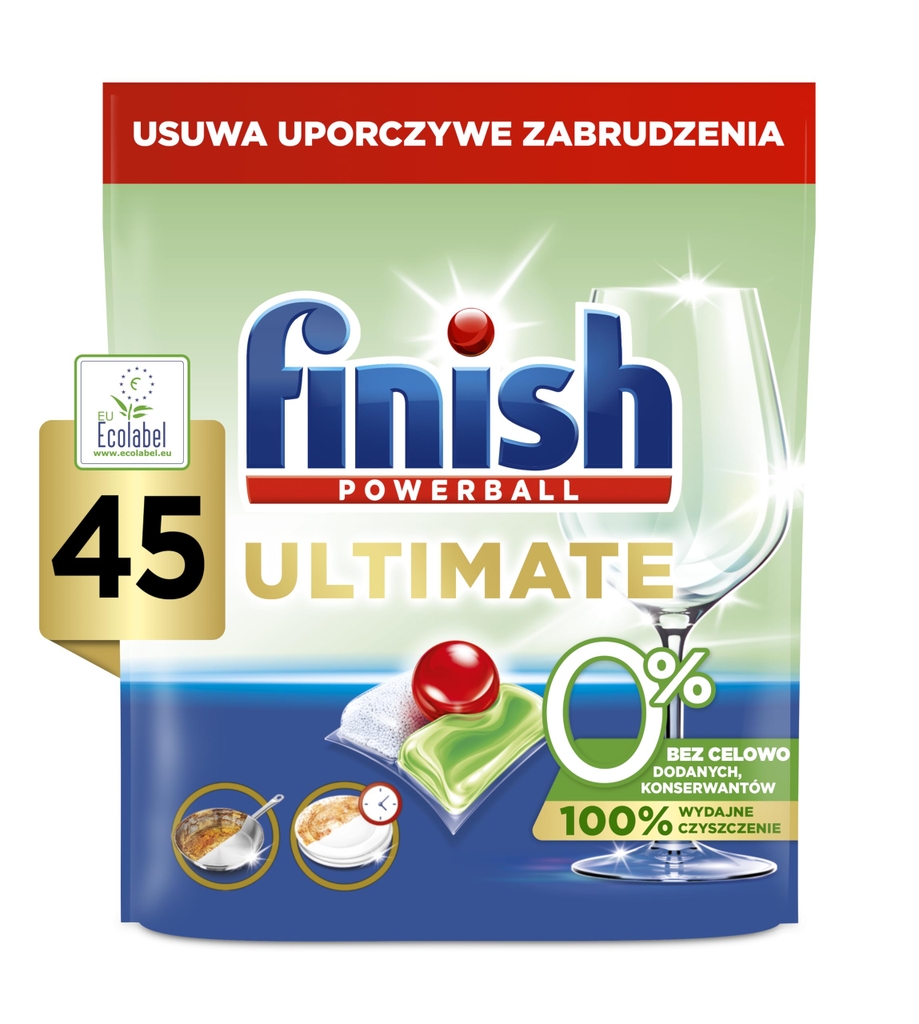 Túi 45 viên rửa chén Finish Ultimate All in 1 0% Ecolabel EU 2025 – 14 tính năng – Dành cho máy rửa chén 12-13 bộ trở lên